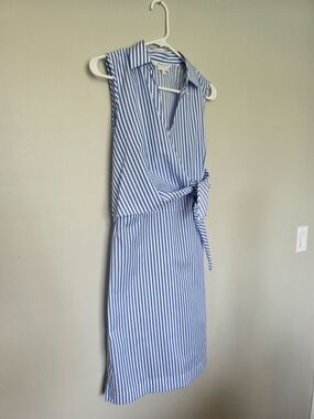 Foxcroft Blue and White Striped Sleeveless Wrap Midi Dress
